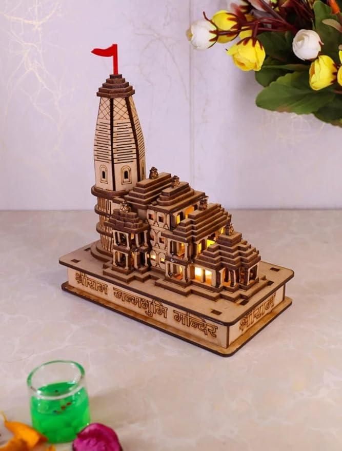 Ram Mandir Ayodhya Wood Temple Model With Light 6inch